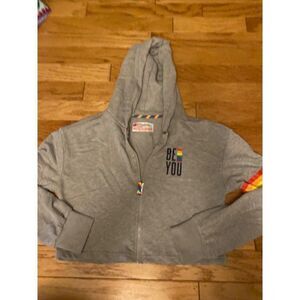 Unbranded, women's long sleeve hooded cropped zip up "Be you" pride sweater sz s